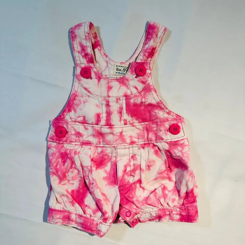 TCP The Children's Place Vintage Remake Tie-Dye Overalls Shortall Romper Sz 0-3m